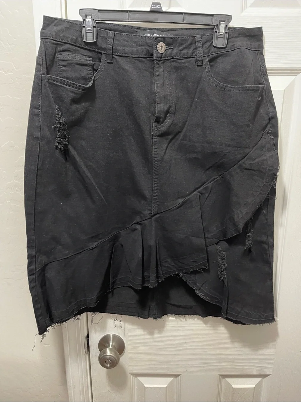 Ashley Stewart Black Distressed High-Low Ruffle Skirt